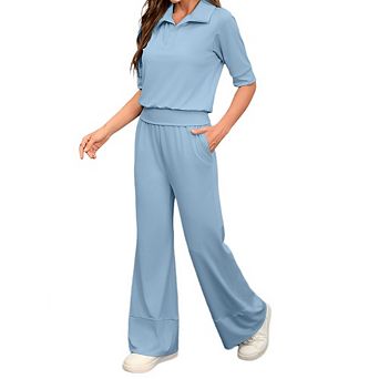 Women 2 pc Set Airport Travel Vacation Sweatsuit Wide Leg Pants Short Sleeve Polo Tops Lounge Set