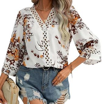 Women Shirts Dressy Casual 3/4 Length Sleeve V Neck Bell-sleeved Lace Top Chiffon Blouses
