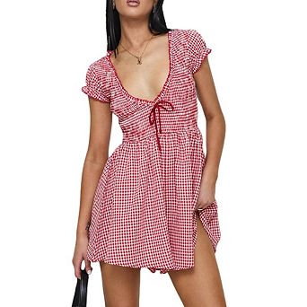 Womens Gingham Rompers V Neck Puff Sleeve Smocked Wide Leg Plaid Dressy Jumpsuits