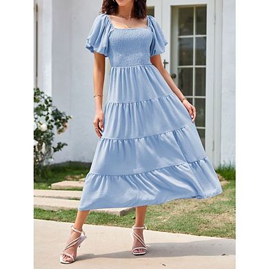 Women's Puff Sleeve Dress Square Neck Ruffle Hem Puffy Midi Dress