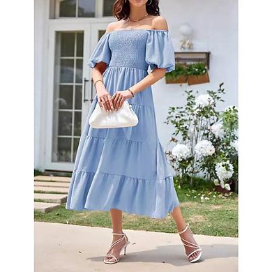 Women's Puff Sleeve Dress Square Neck Ruffle Hem Puffy Midi Dress