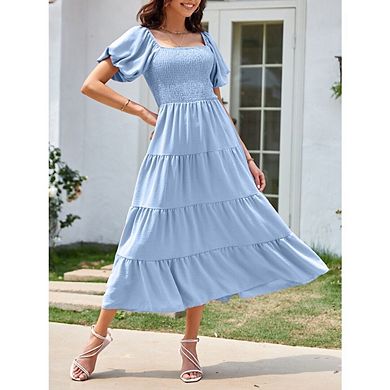 Women's Puff Sleeve Dress Square Neck Ruffle Hem Puffy Midi Dress