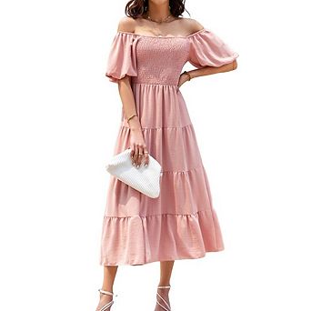 Women's Puff Sleeve Dress Square Neck Ruffle Hem Puffy Midi Dress
