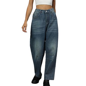 Women's Fashion Harem Pants High Waisted Wide Leg Jeans Baggy Distressed Stretchy Washed Denim