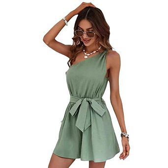 Womens One Shoulder Tie Waist Romper Sleeveless Casual Summer Short Jumpsuit for Beach Travel Date