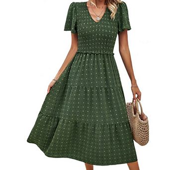Women Short Ruffles Tiered Sleeve Smocked Dresses Boho Dot V Neck Wedding Guest Midi Summer Dresses