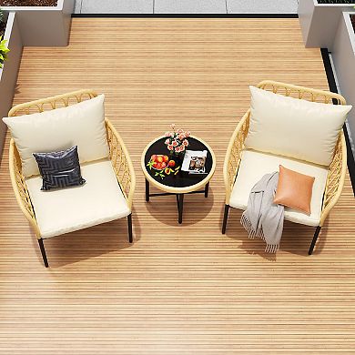ANIXOL 3-Piece Patio Rattan Bistro Set with Cushions and Glass-Top Table