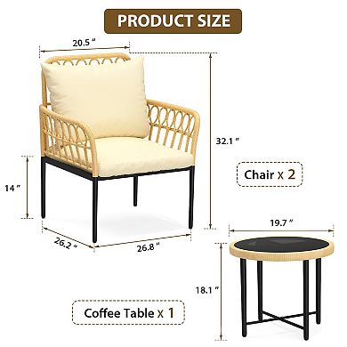 ANIXOL 3-Piece Patio Rattan Bistro Set with Cushions and Glass-Top Table