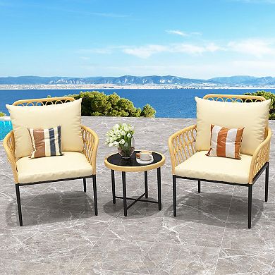ANIXOL 3-Piece Patio Rattan Bistro Set with Cushions and Glass-Top Table