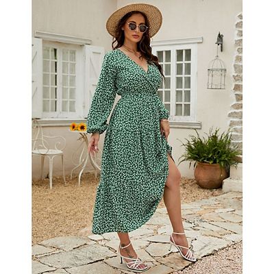 Womens Plus Size Long Sleeve V Neck Floral Maxi Dress RuffleTie Waist Boho Flowy  Long Dresses