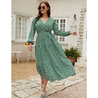 Womens Plus Size Long Sleeve V Neck Floral Maxi Dress RuffleTie Waist Boho Flowy  Long Dresses