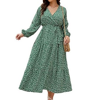 Womens Plus Size Long Sleeve V Neck Floral Maxi Dress RuffleTie Waist Boho Flowy Long Dresses
