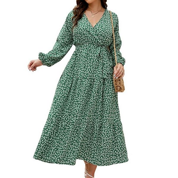 Womens Plus Size Long Sleeve V Neck Floral Maxi Dress RuffleTie Waist Boho  Flowy Long Dresses