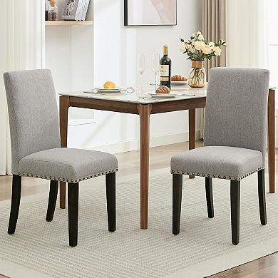 2 PCS Dining Chairs Button Tufted Kitchen Chairs Upholstered Fabric Dining Room Chairs with Wood Leg