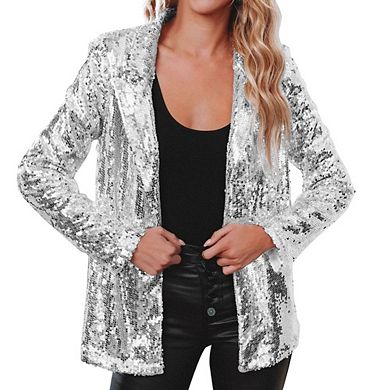 Womens Sequin Blazer Long Sleeve Open Front Jacket Casual Sparkly Holiday Coat with Pocket