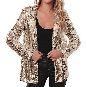 Womens Sequin Blazer Long Sleeve Open Front Jacket Casual Sparkly Holiday Coat with Pocket
