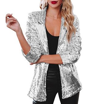 Womens Sequin Blazer Long Sleeve Open Front Jacket Casual Sparkly Holiday Coat with Pocket