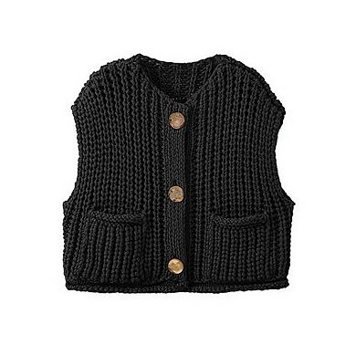 Women’s Cropped Sweater Vest Cute V Neck Button Down Sleeveless Crop Knit Cardigan with Pocket