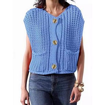 Women’s Cropped Sweater Vest Cute V Neck Button Down Sleeveless Crop Knit Cardigan with Pocket