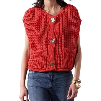 Women’s Cropped Sweater Vest Cute V Neck Button Down Sleeveless Crop Knit Cardigan with Pocket
