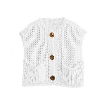 Women’s Cropped Sweater Vest Cute V Neck Button Down Sleeveless Crop Knit Cardigan with Pocket