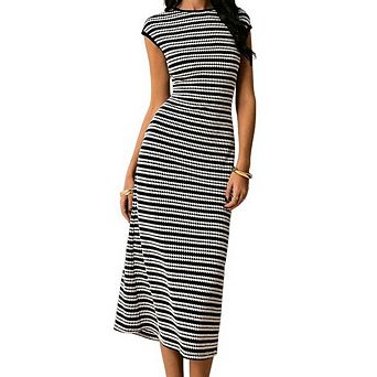 Womens Summer Bodycon Striped Midi Dress Crewneck Knit Dresses Beach Vacation Travel Clothes