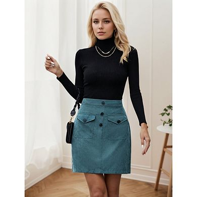Women High Waisted Trendy Elastic Waist Casual Stretchy Short Skirts with Patch Pockets