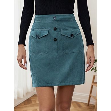 Women High Waisted Trendy Elastic Waist Casual Stretchy Short Skirts with Patch Pockets