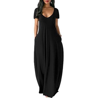 Womens Plus Short Sleeve Dress Soft VNeck CasualLoungewear Dresses Summer Maxi Dress with Pockets