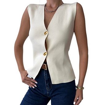 Womens Sleeveless Knit Vest V Neck Button Down Crop Tank Top Summer Waistcoat Cardigan