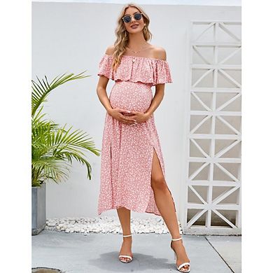 Women's Maternity Summer Floral Dress Off Shoulder Split A Line Casual Maxi Casual Dresses