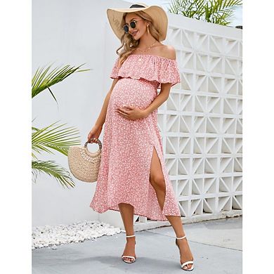Women's Maternity Summer Floral Dress Off Shoulder Split A Line Casual Maxi Casual Dresses