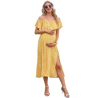 Women's Maternity Summer Floral Dress Off Shoulder Split A Line Casual Maxi Casual Dresses