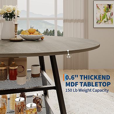 ANIXOL Round Farmhouse Dining Table with Storage Shelf & Metal Cross Base