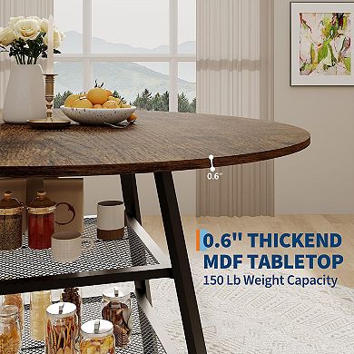 ANIXOL Round Farmhouse Dining Table with Storage Shelf & Metal Cross Base