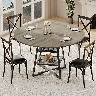 ANIXOL Round Farmhouse Dining Table with Storage Shelf & Metal Cross Base