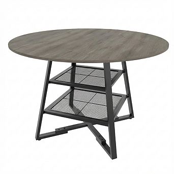 ANIXOL Round Farmhouse Dining Table with Storage Shelf & Metal Cross Base