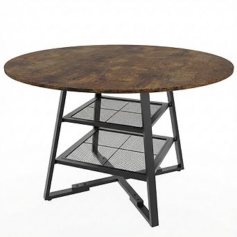 ANIXOL Round Farmhouse Dining Table with Storage Shelf & Metal Cross Base