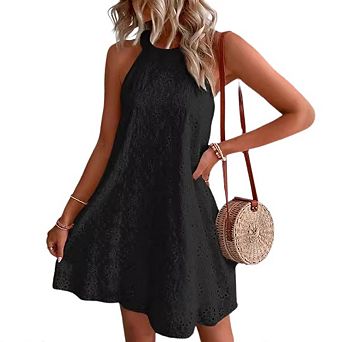 Women's Eyelet Embroideried Sleeveless Halter Dress Casual Loose Floral Boho A-line Sundresses