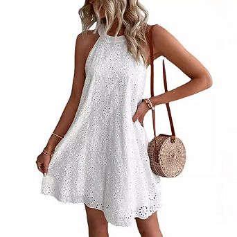 Women's Eyelet Embroideried Sleeveless Halter Dress Casual Loose Floral Boho A-line Sundresses
