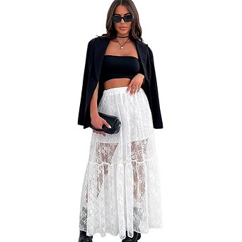 Women's Sheer Lace Skirt High Waisted Floral Embroidered Ruffled A Line Long Maxi Beach Skirts