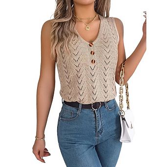 Women Summer Knit Tank Tops Beach Casual Eyelet V Neck Sleeveless Hollow Out Slim Vest