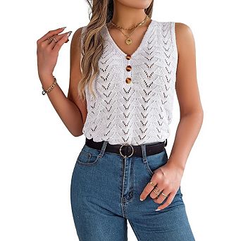 Women Summer Knit Tank Tops Beach Casual Eyelet V Neck Sleeveless Hollow Out Slim Vest