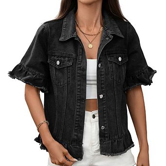 Women's Denim Jacket Ruffle Sleeve Button Down Distressed Cropped Jean Jackets