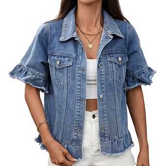 Women's Denim Jacket Ruffle Sleeve Button Down Distressed Cropped Jean Jackets