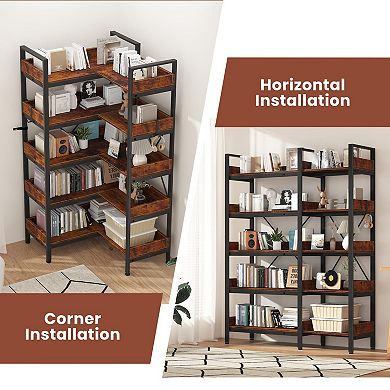 ANIXOL 5-Tier L-Shaped Corner Bookshelf, Metal Frame with Adjustable Feet