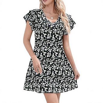 Women Summer Dresses Casual Ruffle Sleeves Mini Dress Sundresses Floral Boho Beach Dress
