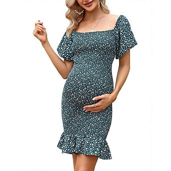 Maternity Dress Square Neck Floral Midi Dress Short Sleeve Ruffle Hem Sundress