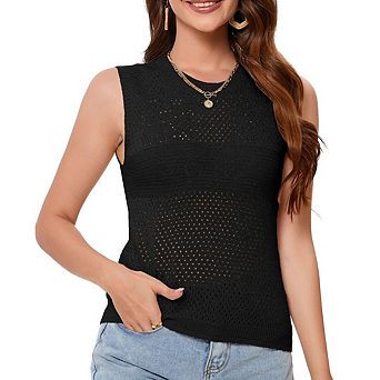 Womens Summer Crewneck Hollow Out Knit Sleeveless Tops Casual Crochet Tank Tops Sweater Vest Trendy