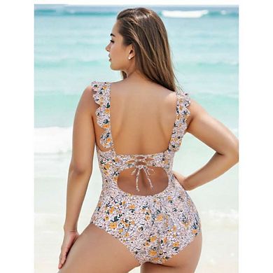 Women's Plus Size Floral One-Piece Swimsuit Deep V Neck Ruffle Details Bathing Suit